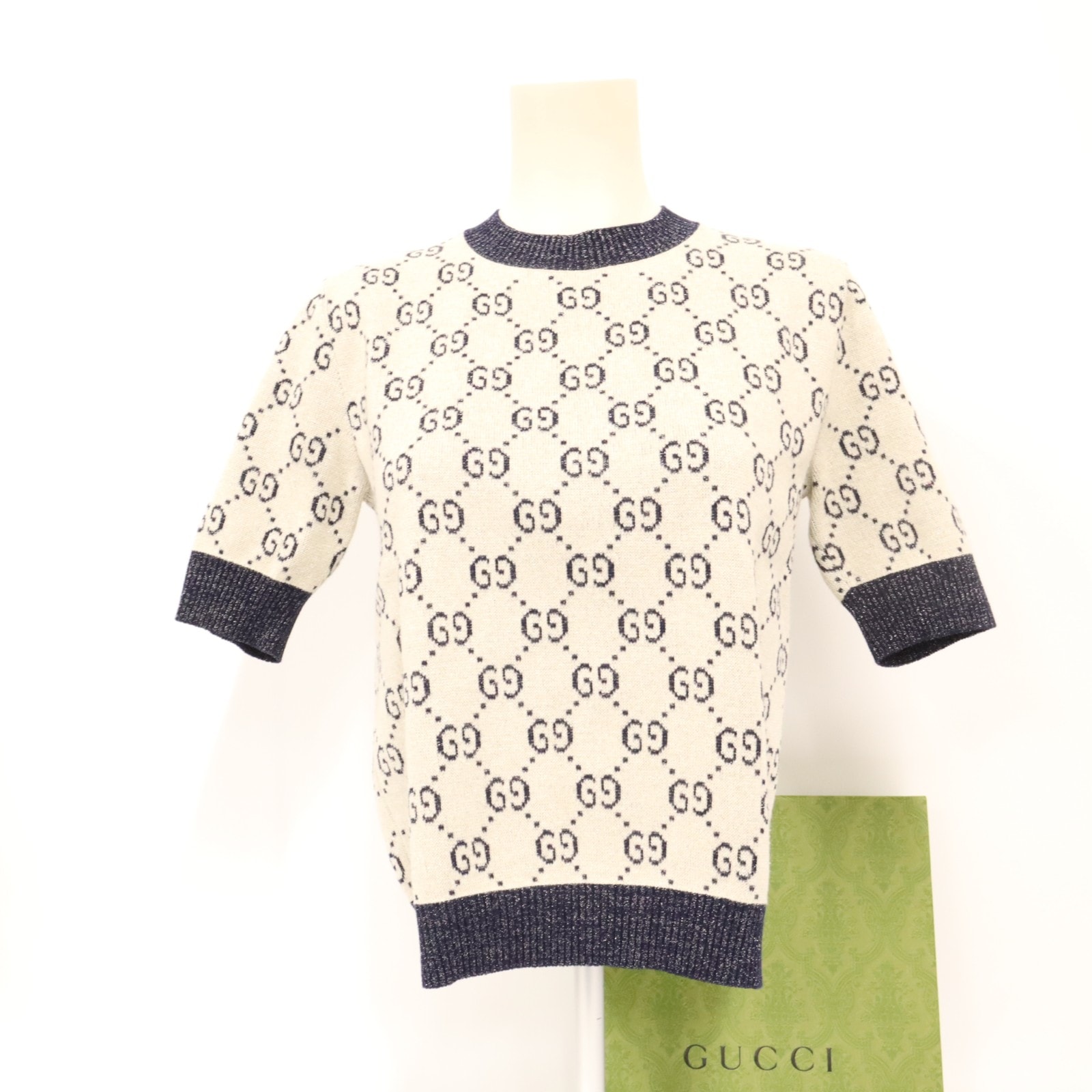 未使用 GUCCI グッチ GGラメ ジャカード 半袖ニットセーター M 692717 ニット ベージュ ネイビー コットン ポリエステル レディース