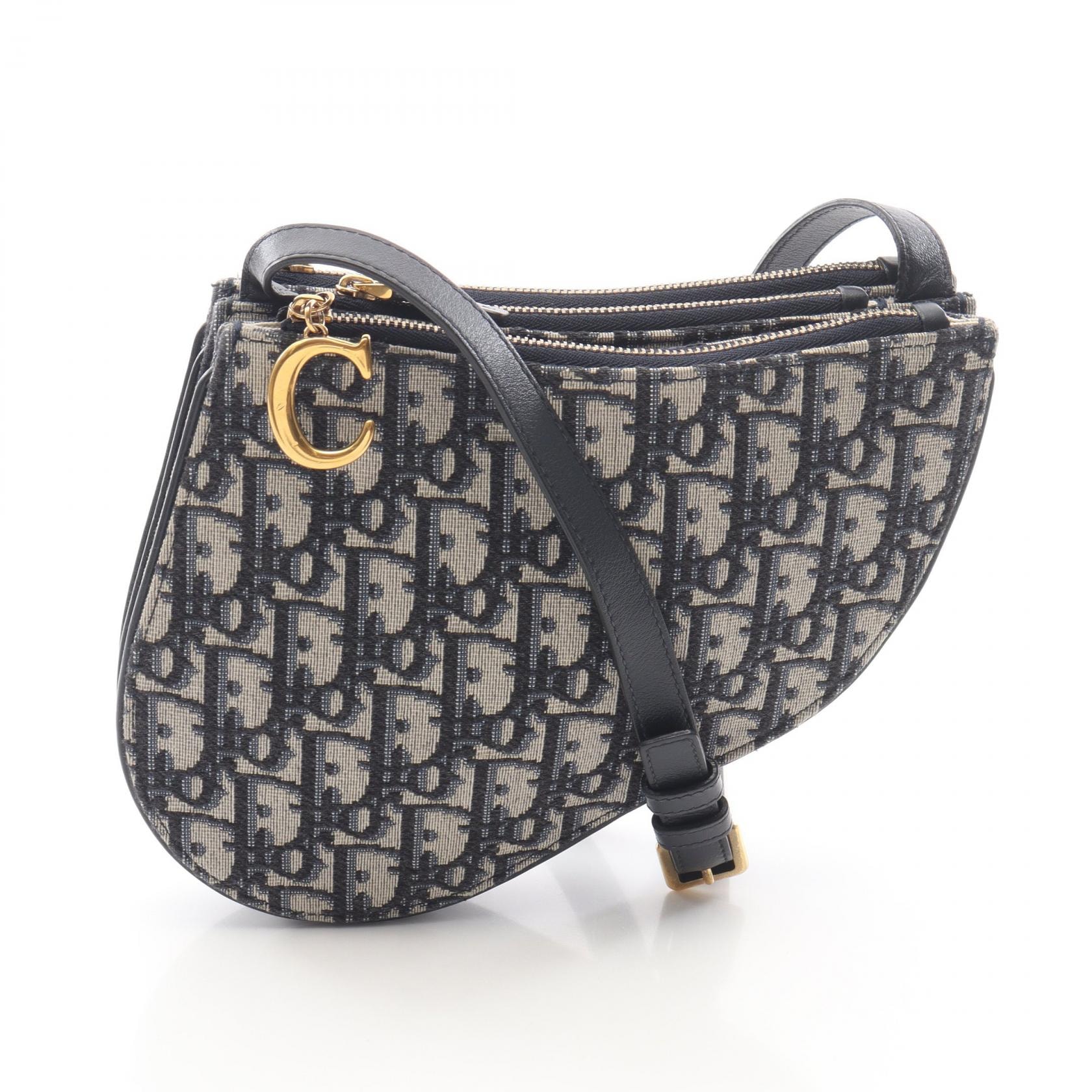 ディオール Dior SADDLE サドル ポーチ オブリーク ショルダーバッグ バッグ キャンバス レザー レディース ベージュ系 / ネイビー系 【中古】