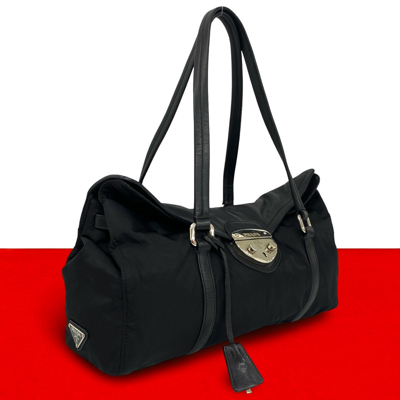 PRADA プラダ 三角 ロゴ 金具 ナイロン レザー トートバッグ ブラック
 53311