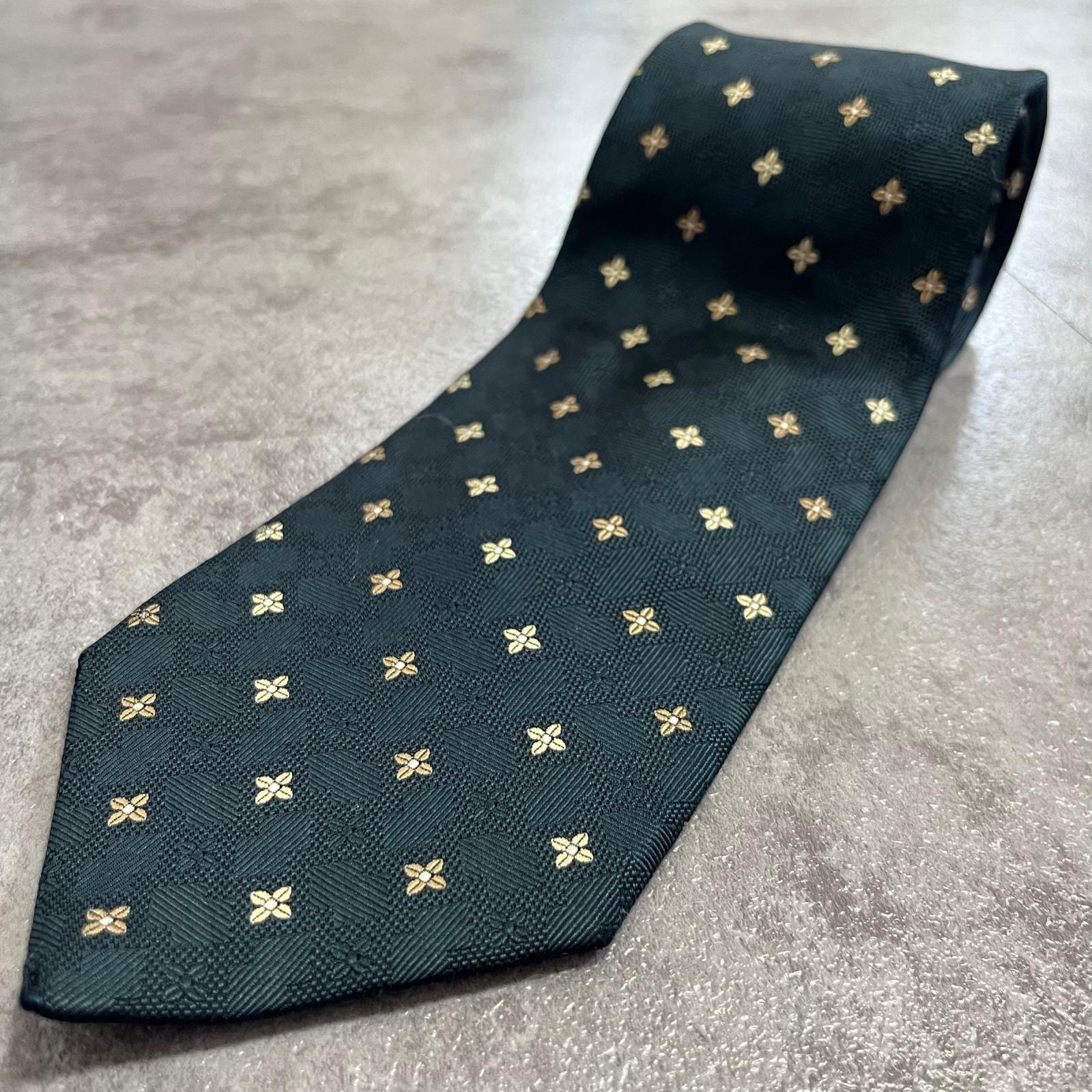 【RALPH LAUREN】ラルフローレン 小花柄 フラワー クローバー 小紋柄 ネクタイ ダークグリーン ベージュ シルク100% 日本製 メンズ 紳士