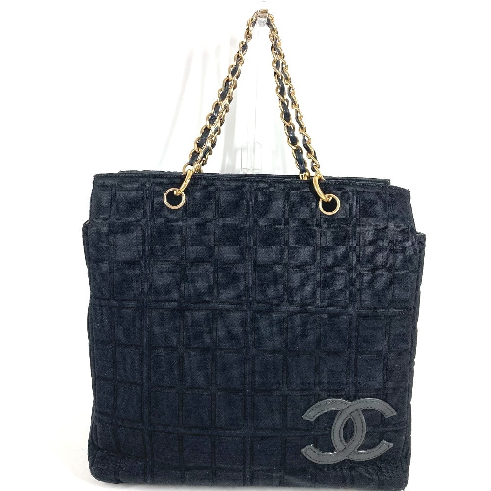 シャネル CHANEL CC ココマーク ロゴ チョコバー カバン トートバッグ 肩掛け Wチェーン チェーンバッグ ショルダーバッグ コットン ブラック