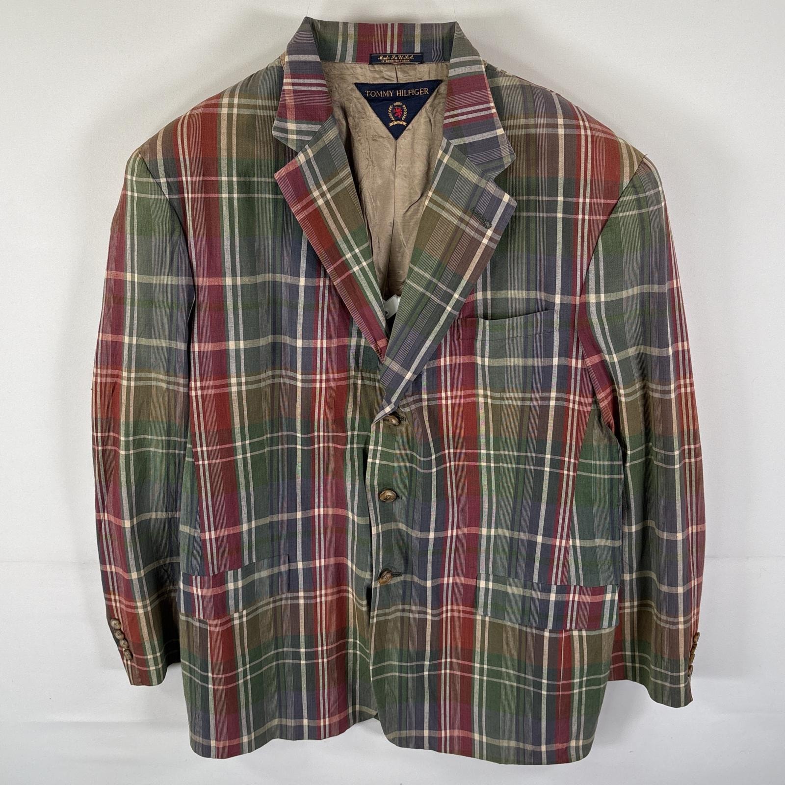 古着 トミーヒルフィガー TOMMY HILFIGER USA製 テーラードジャケット コットンジャケット チェック柄 ブレザー 44L  レッド メンズ