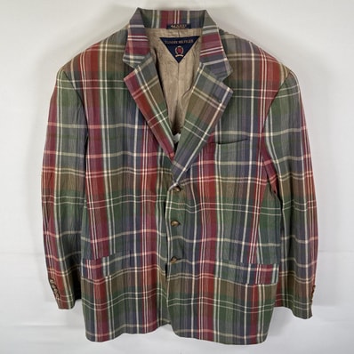 古着 トミーヒルフィガー TOMMY HILFIGER USA製 テーラードジャケット コットンジャケット チェック柄 ブレザー 44L レッド メンズ
