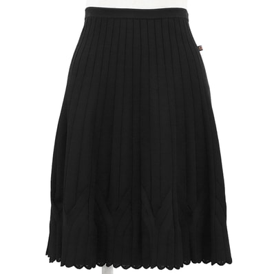 SALE【美品】LOUIS VUITTON ルイ・ヴィトン リブニットスカート サイズ S レディース 2018SS スカラップヘム シグネチャー ロゴ モノグラムフラワータグ ストレッチ Aライン ウエストゴム ボトムス ブラック 黒 イタリア製