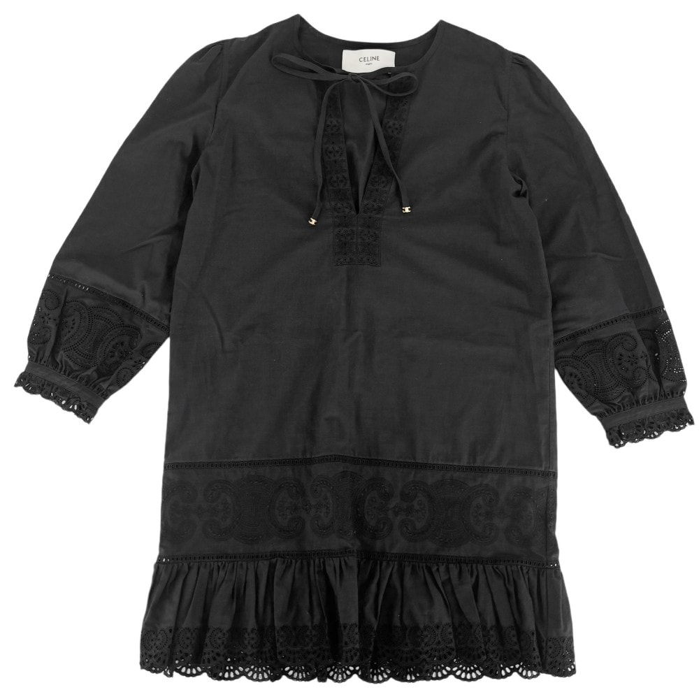 CELINE セリーヌ ワンピース トリオンフ レース ミニ丈 長袖 アパレル 服 36 2R73J658R ブラック 黒 ゴールド金具 コットン    レディース 春 秋 美品【中古品】
