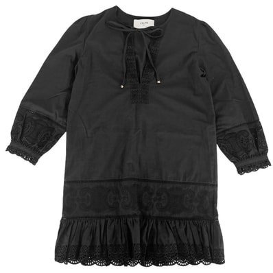CELINE セリーヌ ワンピース トリオンフ レース ミニ丈 長袖 アパレル 服 36 2R73J658R ブラック 黒 ゴールド金具 コットン レディース 春 秋 美品【中古品】