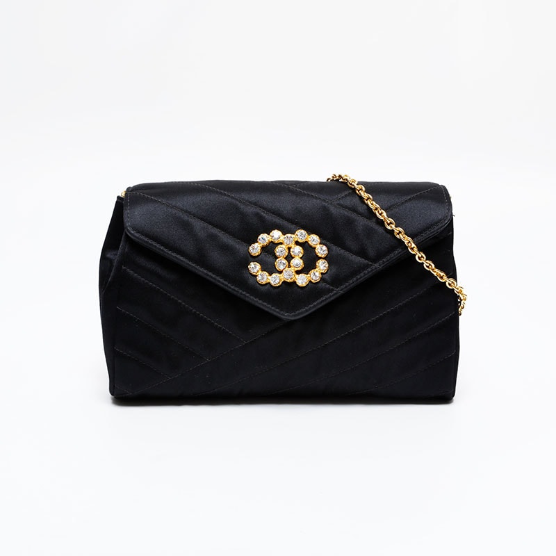 シャネル CHANEL 0番台 1986-1988 ラインストーンCC サテン バイアスステッチ ショルダーバッグ【中古】
