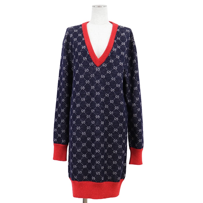 【極美品】GUCCI グッチ GGスプリーム ニットワンピース サイズ S レディース Vネック トップス ネイビー レッド 紺 赤 イタリア製