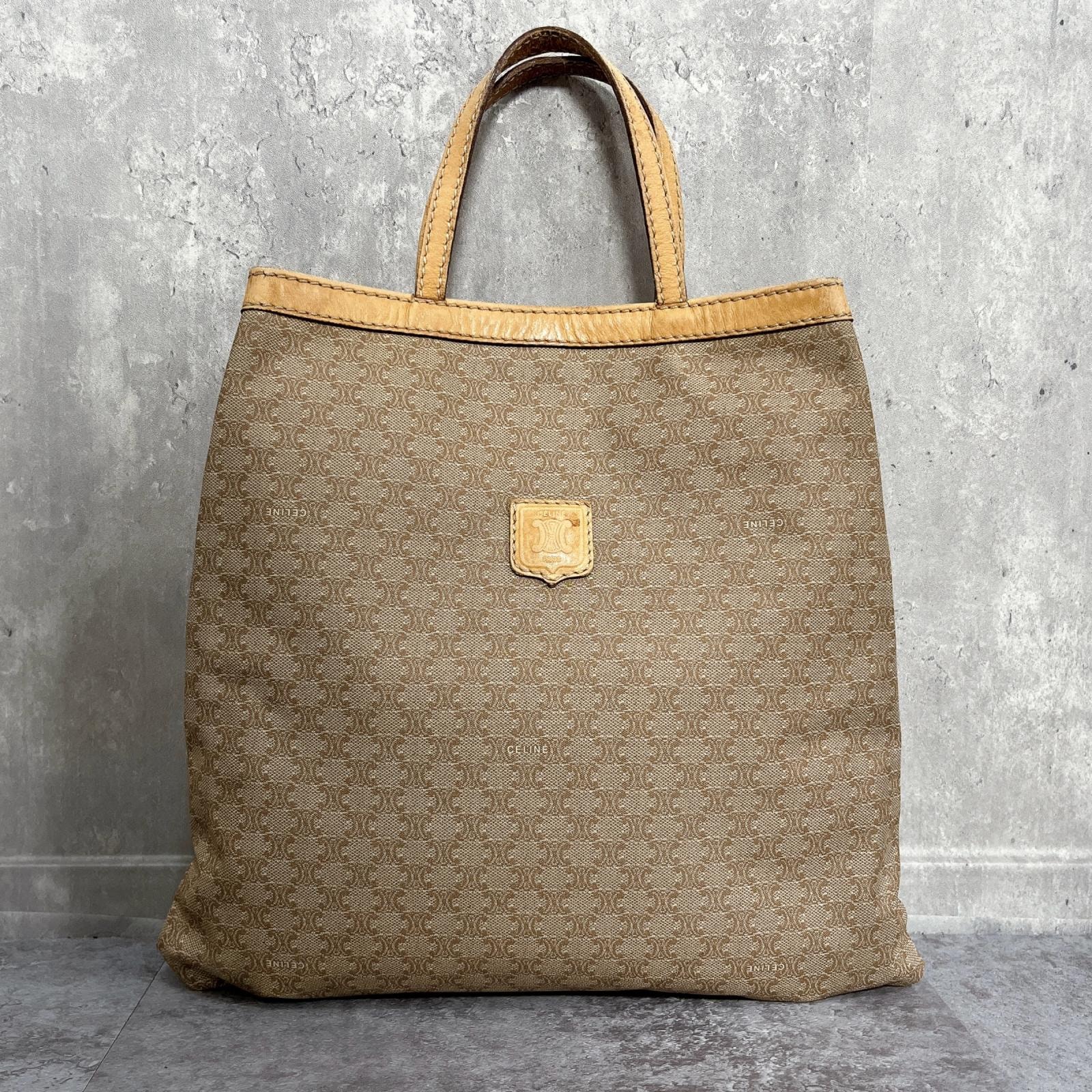 【CELINE】セリーヌ Cマカダム トートバッグ キャンバス レザー ベージュ ブラウン トリオンフ ロゴプレート 総柄 イタリア製 レディース