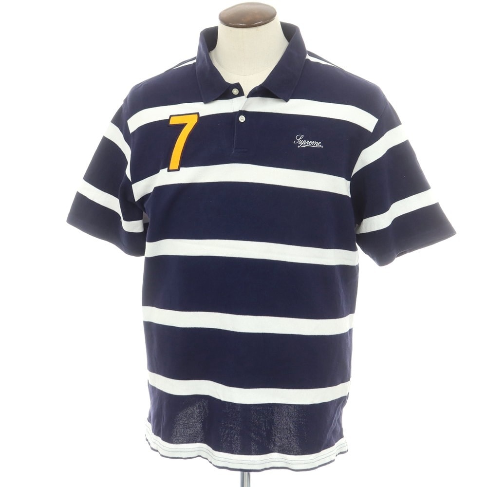 【中古】シュプリーム Supreme 2025年春夏 Cursive Polo コットン ボーダー 半袖ポロシャツ ネイビーxホワイト【サイズL】【メンズ】