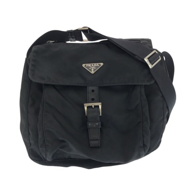 美品 PRADA プラダ テスート 三角ロゴプレート ブラック 黒 シルバー金具 ナイロン レザー/ ショルダーバッグ ポシェット 505198 【中古】