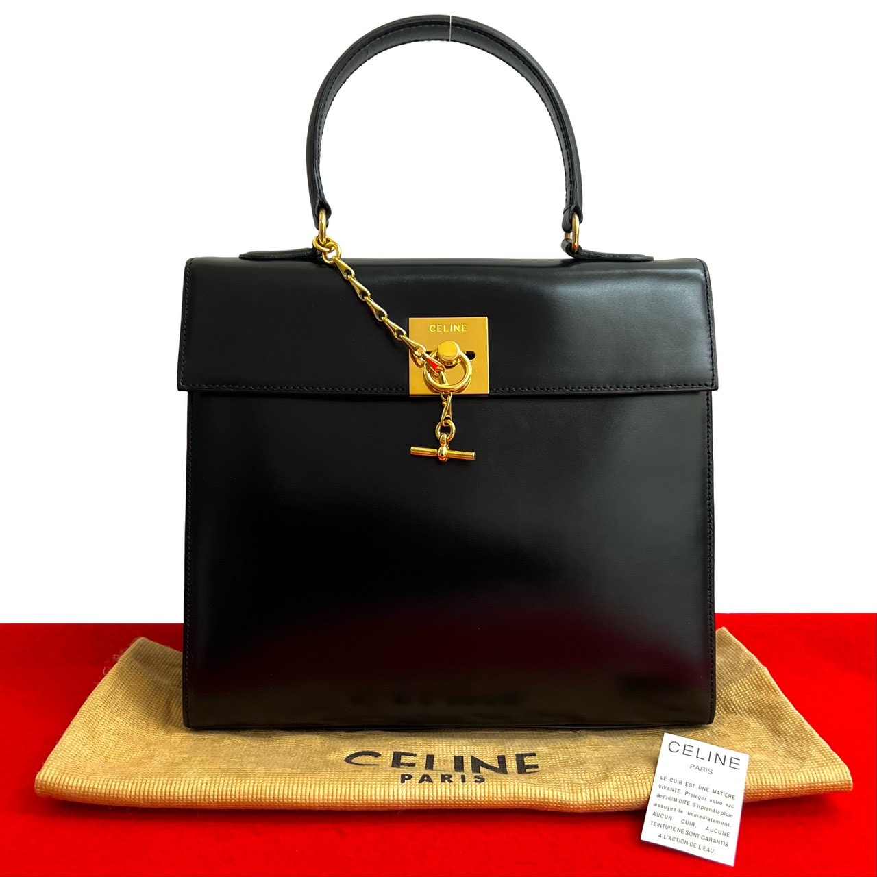 CELINE セリーヌ ロゴ リング金具 カーフ レザー ハンドバッグ ブラック
246-1