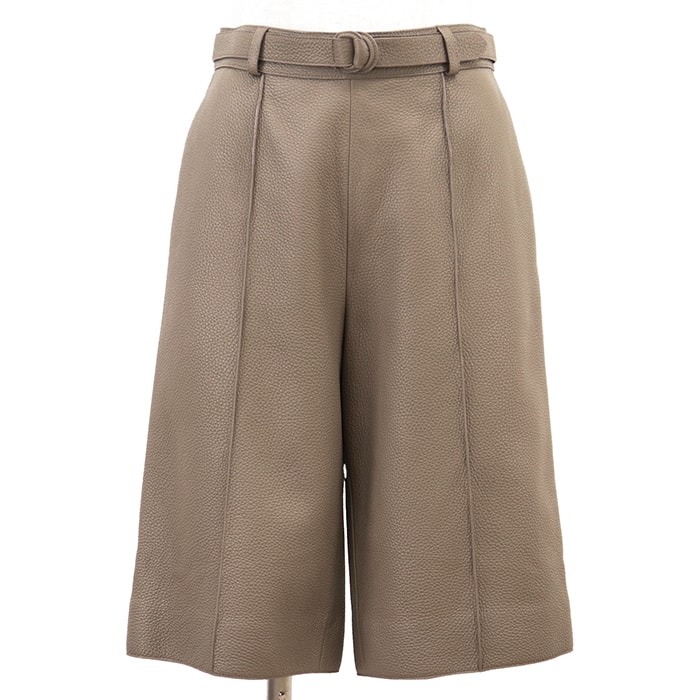 【新品同様】HERMES エルメス ハーフパンツ サイズ 36 レディース ディアスキン レザー 鹿革 ベルテッド ワイドシルエット ボトムス エトゥープ フランス製