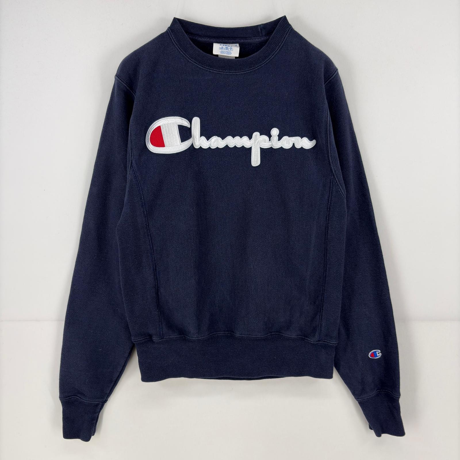 古着 チャンピオン Champion パーカー スウェット クルーネック リバースウィーブ プルオーバー ロゴ トレーナー XS ネイビー メンズ