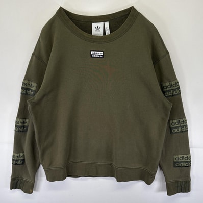 古着 アディダス adidas スウェット トレーナー センターロゴトレフォイル 袖ロゴ クルーネック O グリーン メンズ