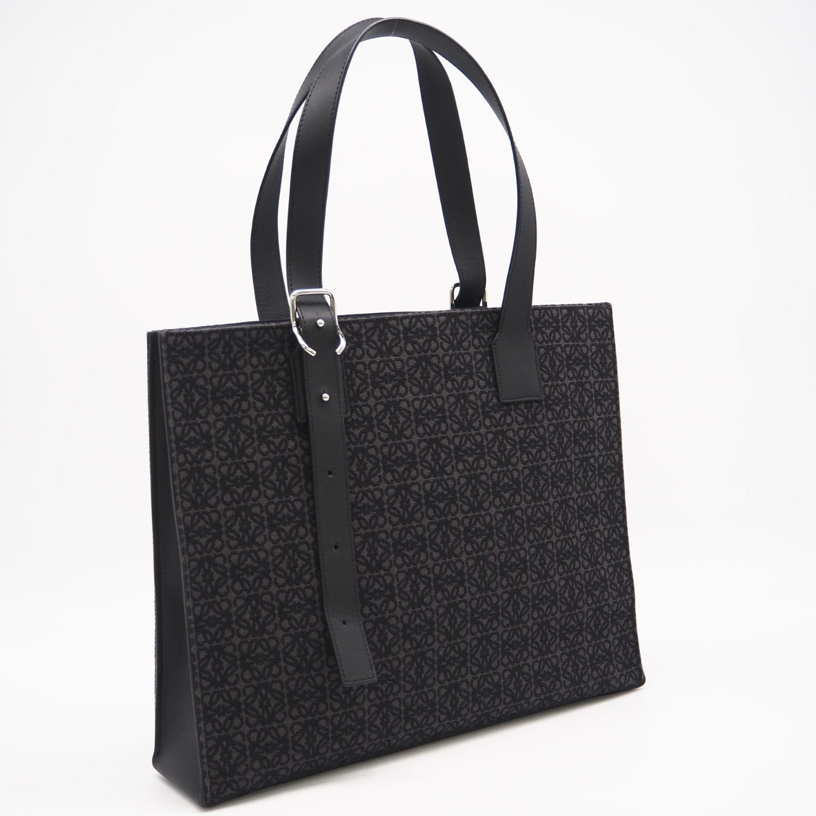 美品 LOEWE ロエベ アナグラム バックル ホリゾンタル トート B692K96X02 トートバッグ ブラック グレー キャンバス カーフレザー メンズ