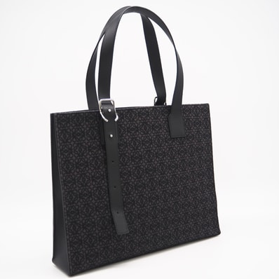 美品 LOEWE ロエベ アナグラム バックル ホリゾンタル トート B692K96X02 トートバッグ ブラック グレー キャンバス カーフレザー メンズ