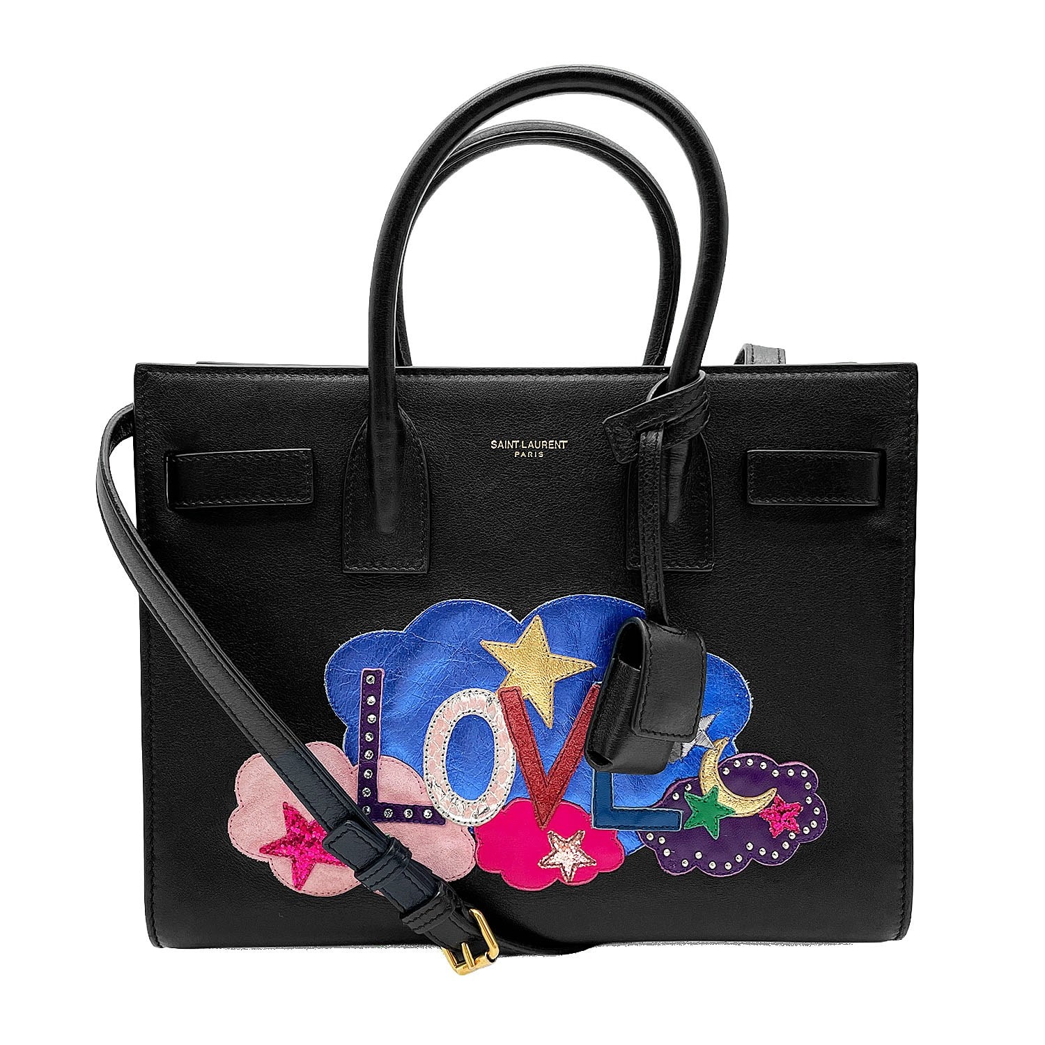 SAINT LAURENT サンローラン サックドジュール LOVE アップリケ ショルダーバッグ ハンドバッグ 2WAY レザー メタル ブラック レディース 【中古】