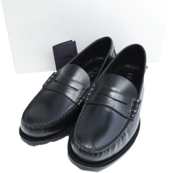 新品 PRADA プラダ イタリア製 ブラッシュドレザー ペニーローファー DNC734 6(25cm) BLACK シグネチャー 革靴 コイン シューズ g28522