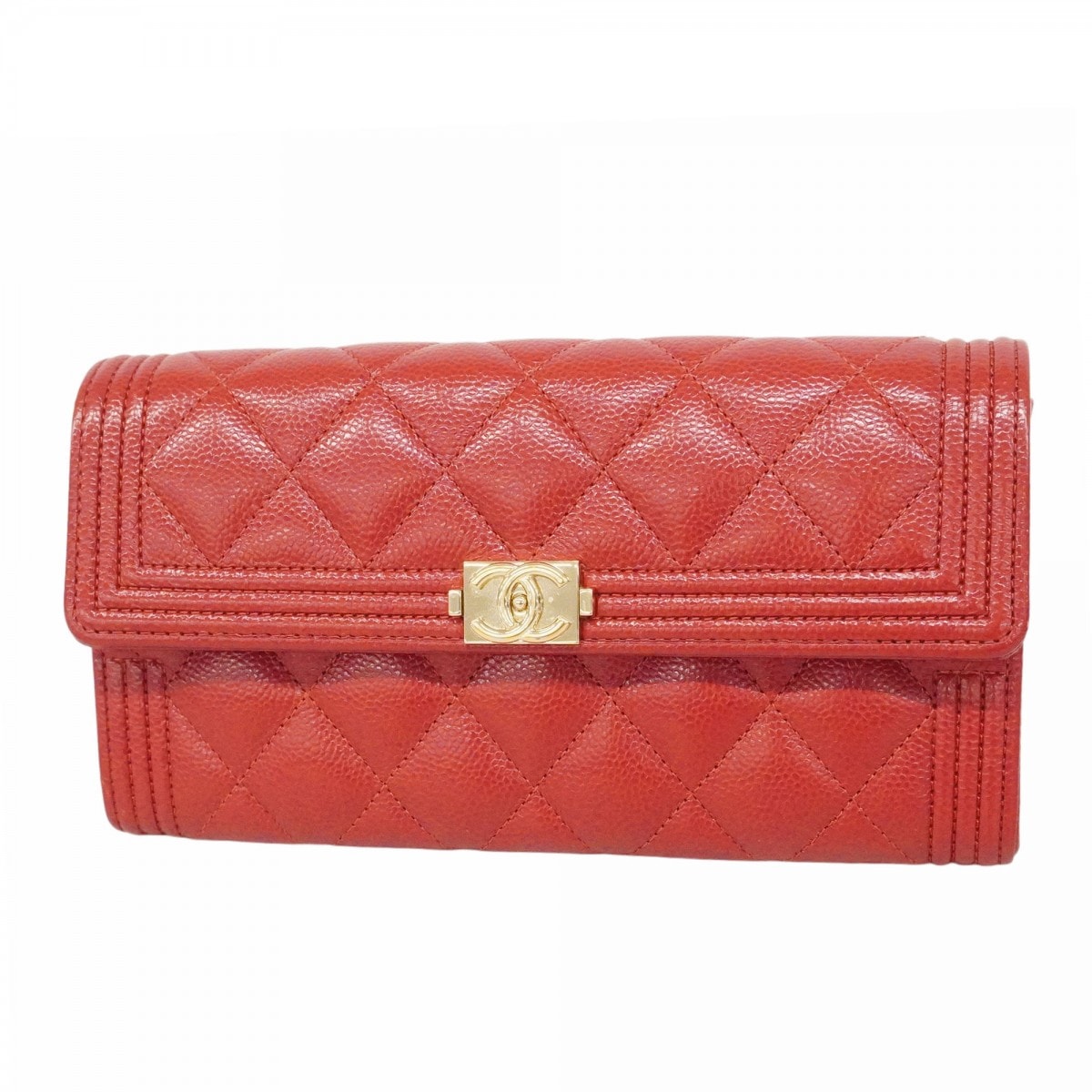 【6ec2293-k】シャネル 長財布 ボーイシャネル キャビアスキン レッド ゴールド金具【中古】レディース