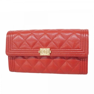 【6ec2293-k】シャネル 長財布 ボーイシャネル キャビアスキン レッド ゴールド金具【中古】レディース