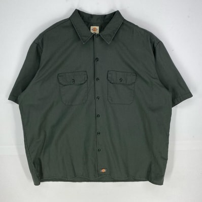 古着 ディッキーズ Dickies 半袖シャツ ワークシャツ ワンポイント ポケット ショートスリーブ 3XL グリーン系 無地 メンズ