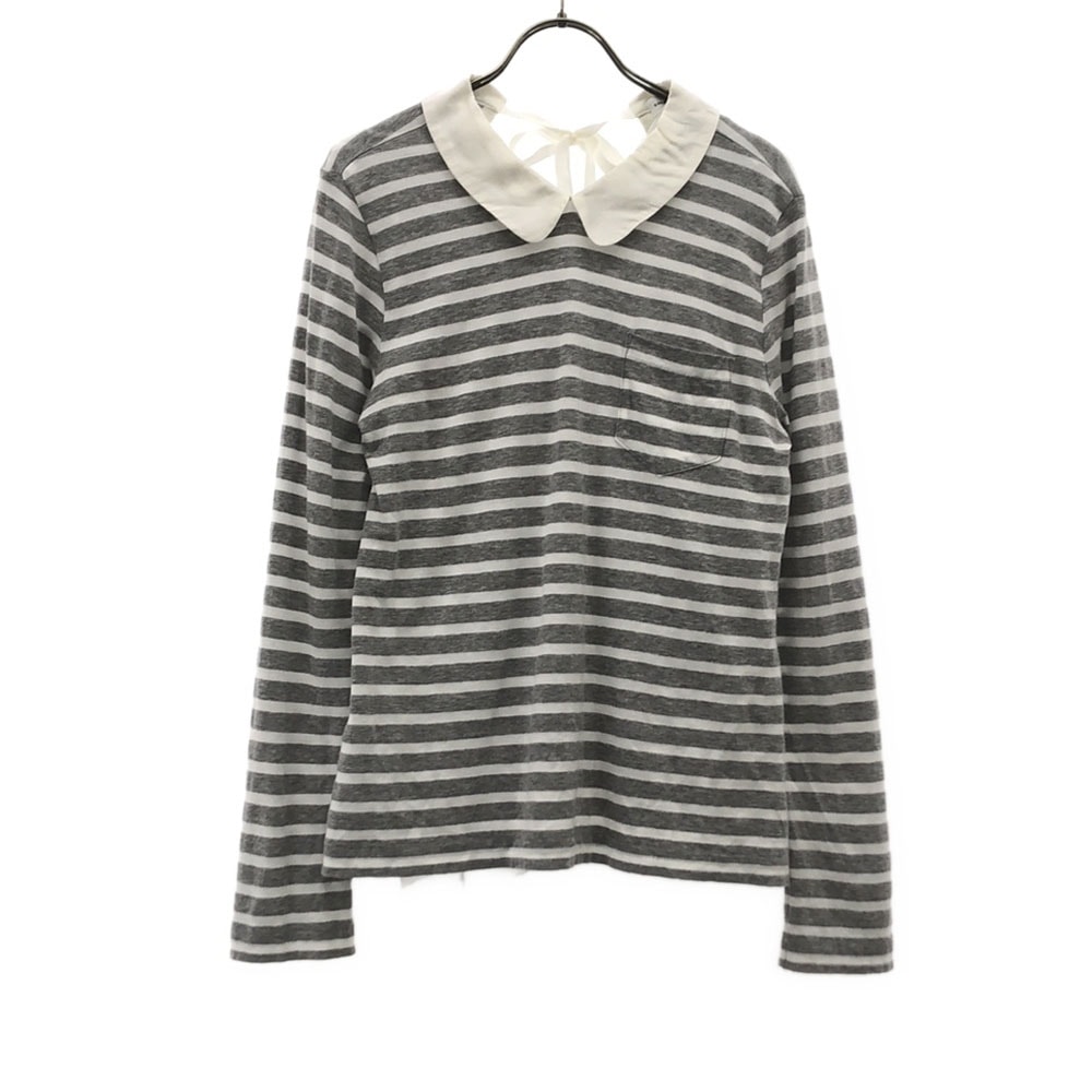 sacai luck サカイラック 日本製 ボーダー柄 長袖 バックリボン カットソー 2 グレー×ホワイト 裏地チュール 襟付き
