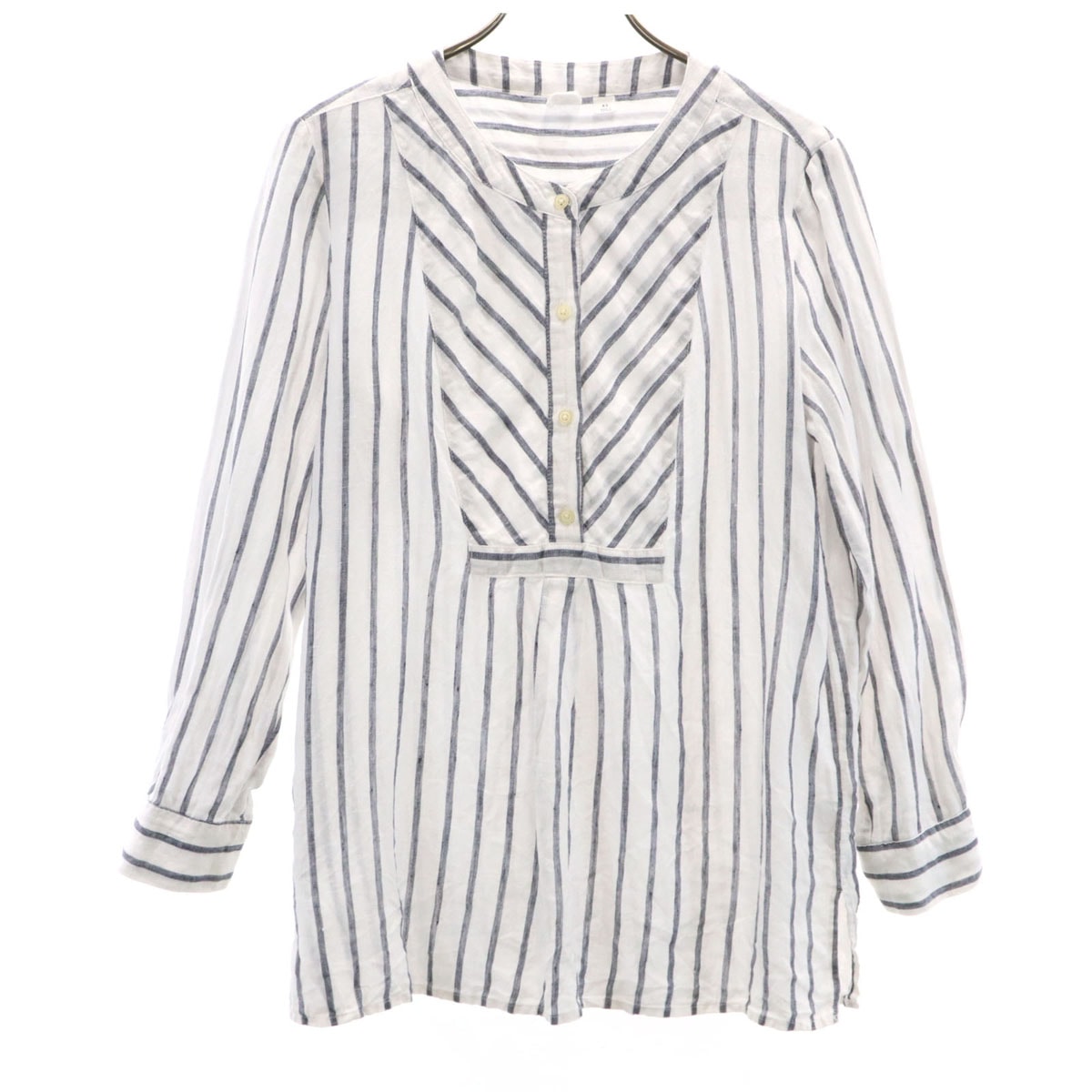 GAP ギャップ リネン ストライプ柄 長袖 バンドカラーシャツ XS ホワイト系