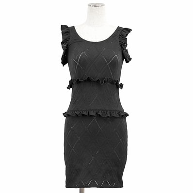 【美品】CHANEL シャネル ワンピース ニット P71339 2021 PreFall COCOマーク ロゴ チャーム ダイヤ柄 幾何学模様 ジャガード 伸縮性 フリル ノースリーブ プルオーバー ボディコン ドレス レディース 36 ブラック 黒 伊製