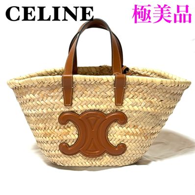 CELINE Teen Triomphe CELINE Classic Panier in Raffia and Calfskin "Tan"