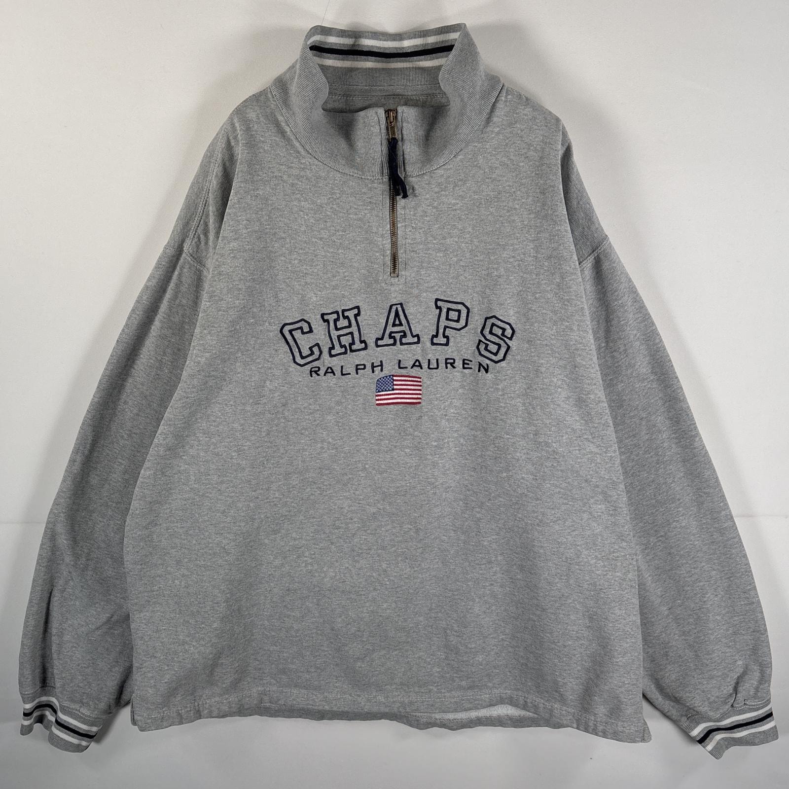 古着 チャップスラルフローレン CHAPS RALPHLAUREN スウェット ハーフジップ ワンポイントビッグ刺繍ロゴ サイズ大きめ 14041  グレー メンズ