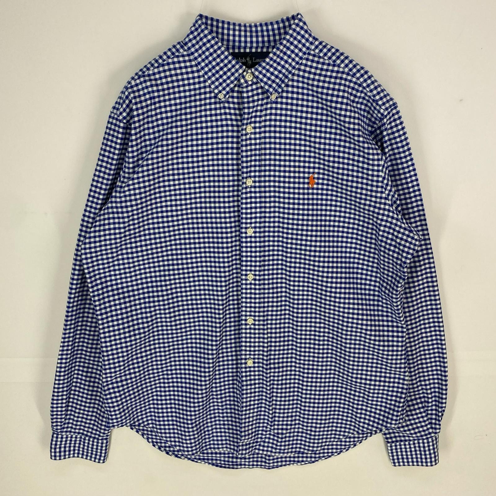 古着 ラルフローレン RALPH LAUREN 長袖シャツ ボタンダウン 刺繍ロゴ ワンポイント ロングスリーブ 16  ブルー系 チェック メンズ