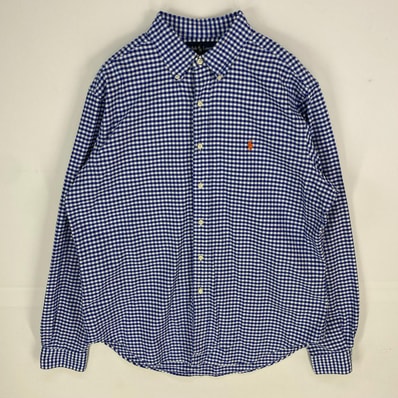 古着 ラルフローレン RALPH LAUREN 長袖シャツ ボタンダウン 刺繍ロゴ ワンポイント ロングスリーブ 16 ブルー系 チェック メンズ