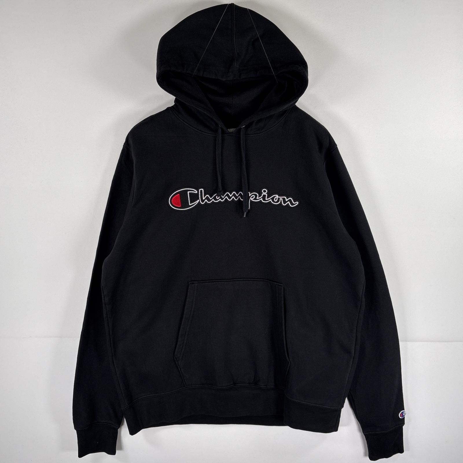 古着 チャンピオン Champion パーカー スウェット フーディ 大きいサイズ ビッグロゴワッペン刺繍 XL  ブラック メンズ