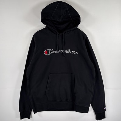 古着 チャンピオン Champion パーカー スウェット フーディ 大きいサイズ ビッグロゴワッペン刺繍 XL ブラック メンズ