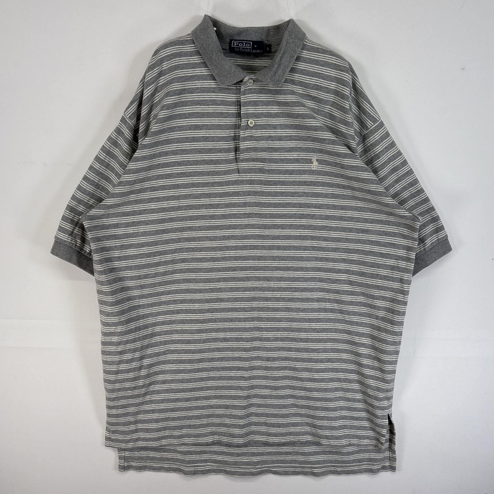 古着 90's/90年代 ポロバイラルフローレン Polo by Ralph Lauren 半袖 ポロシャツ ロゴ 刺繍 2ボタン 肉厚 L  グレー ボーダー メンズ