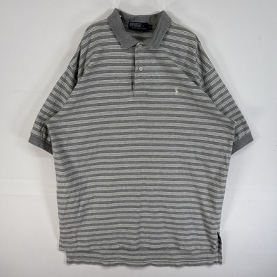 古着 90's/90年代 ポロバイラルフローレン Polo by Ralph Lauren 半袖 ポロシャツ ロゴ 刺繍 2ボタン 肉厚 L グレー ボーダー メンズ