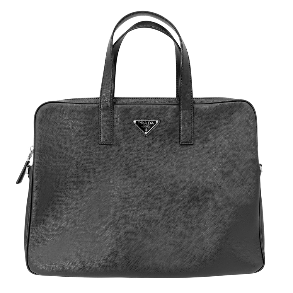 PRADA プラダ ビジネスバッグ トライアングルロゴ ブリーフケース ハンドバッグ 肩掛け 斜め掛け サフィアーノレザー レザー    ブラック 黒 シルバー金具 メンズ【中古品】