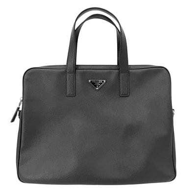 PRADA プラダ ビジネスバッグ トライアングルロゴ ブリーフケース ハンドバッグ 肩掛け 斜め掛け サフィアーノレザー レザー ブラック 黒 シルバー金具 メンズ【中古品】