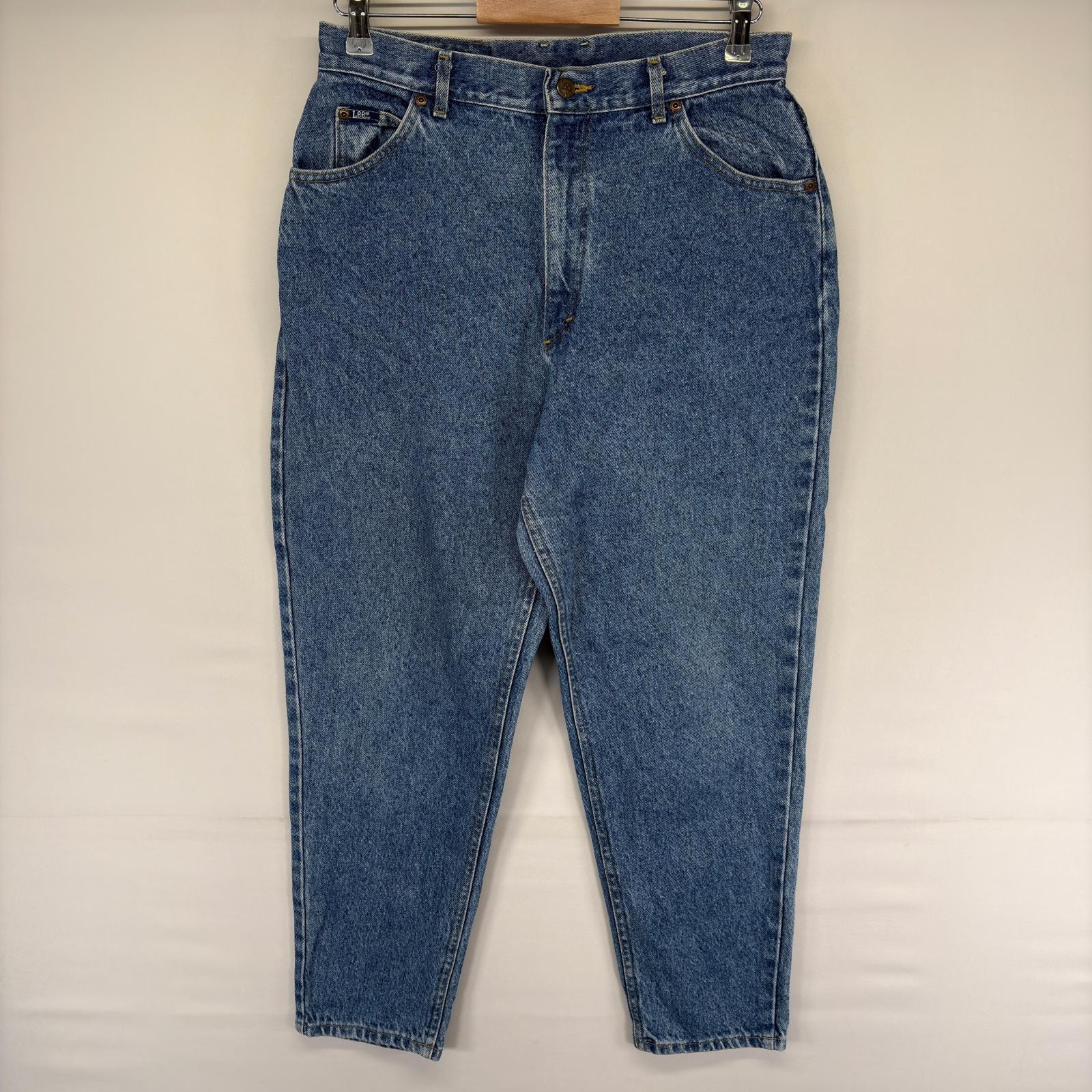古着 リー Lee デニム パンツ 5ポケット ワンポイントロゴ テーパード ジッパーフライ ジーンズ ジーパン 16 PET  ブルー系 レディース