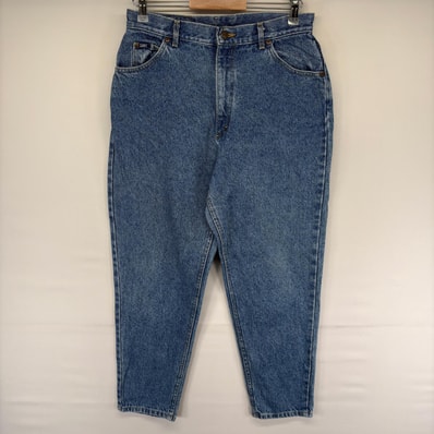 古着 リー Lee デニム パンツ 5ポケット ワンポイントロゴ テーパード ジッパーフライ ジーンズ ジーパン 16 PET ブルー系 レディース