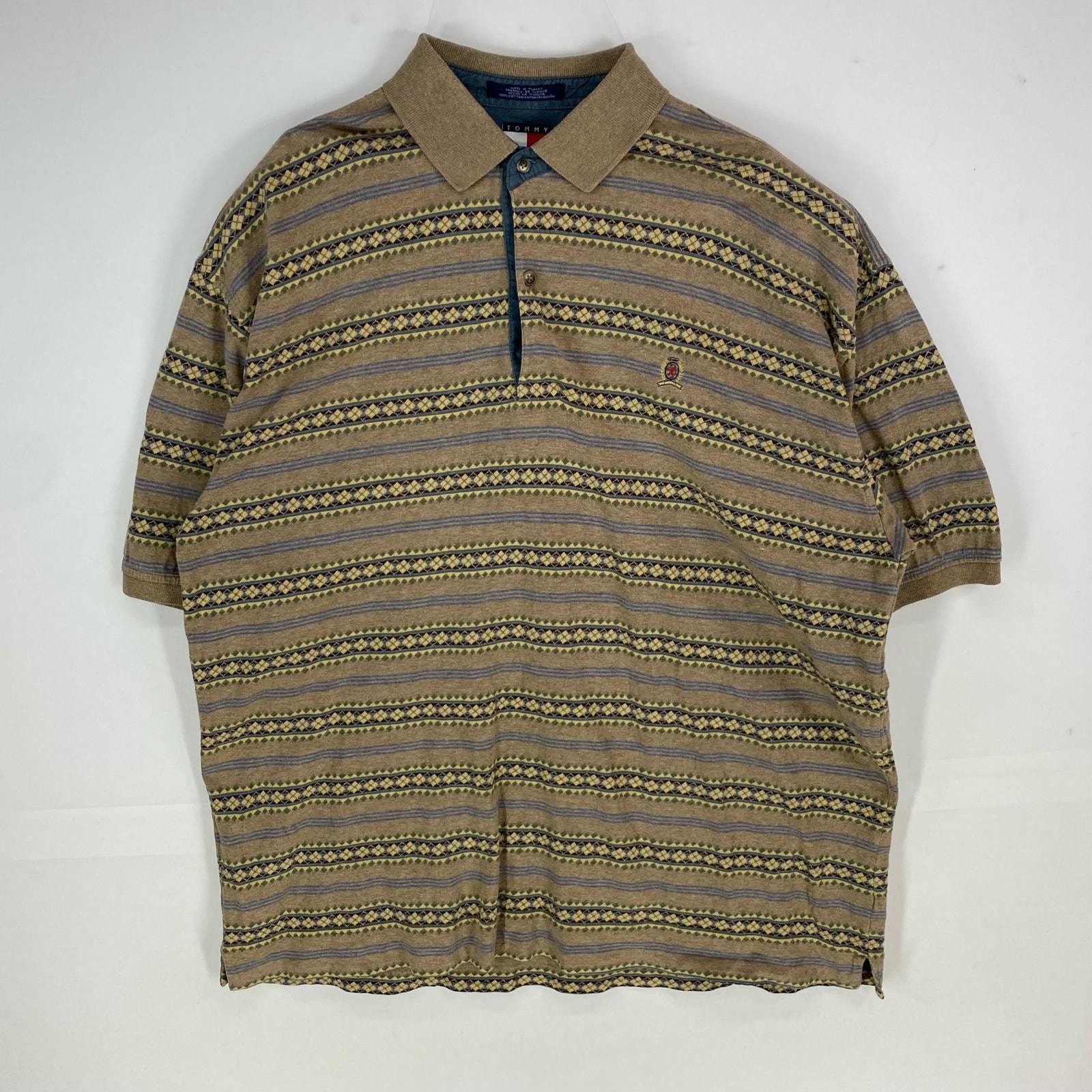 古着 90's/90年代 トミーヒルフィガー TOMMY HILFIGER 半袖シャツ 刺繍ロゴ ワンポイント ポロシャツ 2XL ベージュ系 ボーダー メンズ