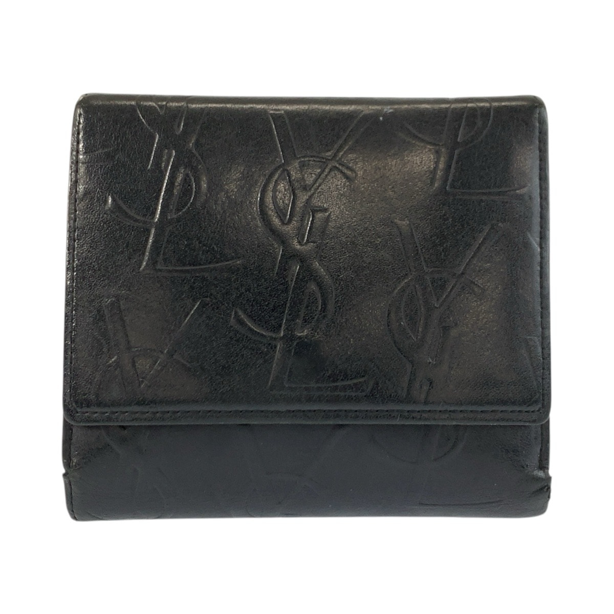YVES SAINT LAURENT イヴ サンローラン ロゴ 型押し ブラック 黒 レザー 折財布 コンパクトウォレット 602731 【中古】