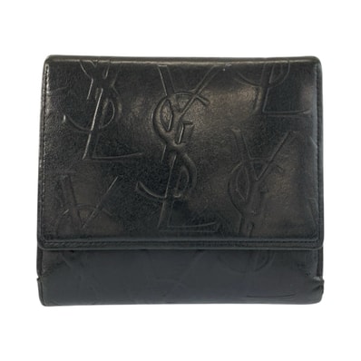 YVES SAINT LAURENT イヴ サンローラン ロゴ 型押し ブラック 黒 レザー 折財布 コンパクトウォレット 602731 【中古】