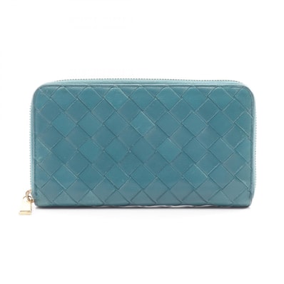 ボッテガヴェネタ BOTTEGA VENETA イントレチャート ラウンド長財布 財布 レザー メンズ レディース グリーン系 【中古】