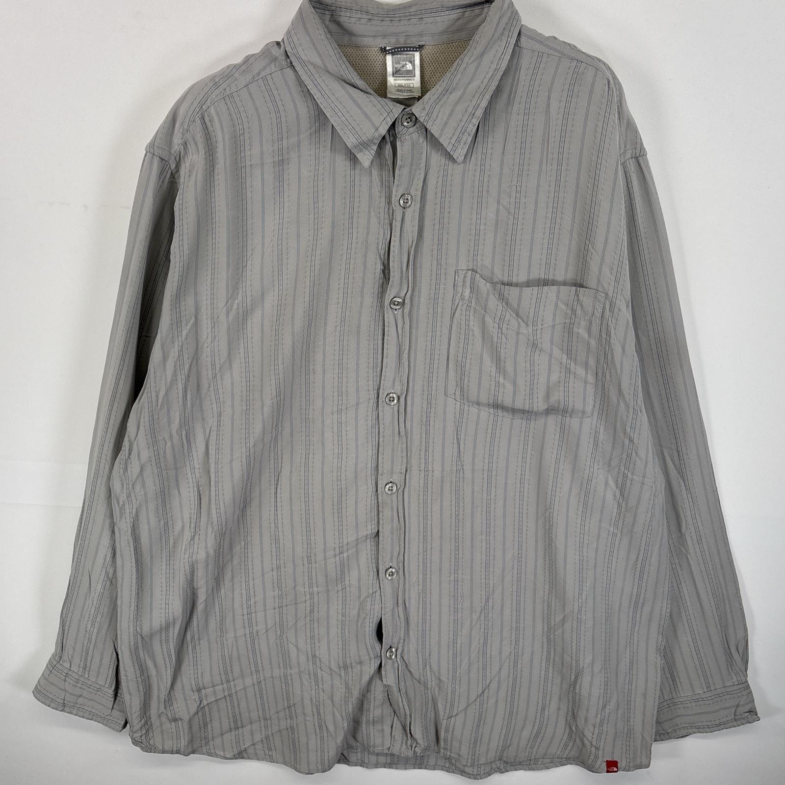 古着 ザ・ノースフェイス THE NORTH FACE 長袖シャツ 胸ポケ 刺繍デザイン 大きいサイズ 14041 グレー系 ストライプ メンズ