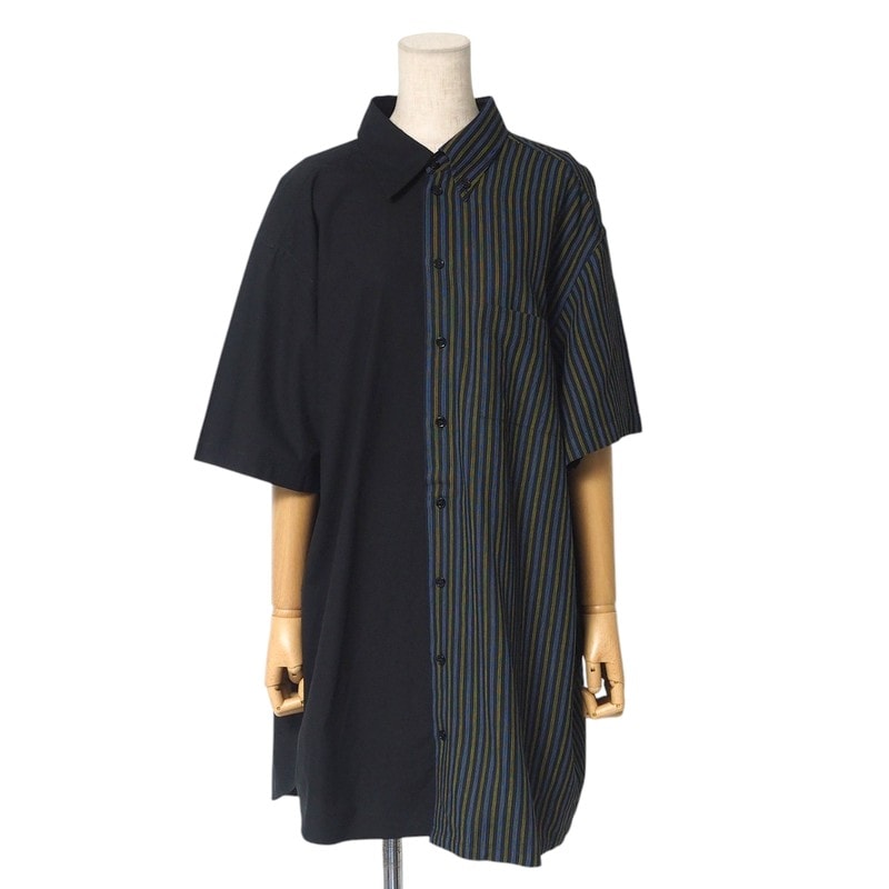 ■美品■mm6 maison margiela エムエムシックス メゾン マルジェラ 半袖シャツ サイズ38 チュニック 再構築 ストライプ ブラック イタリア製 ブランド古着【中古】20250211/RA3321