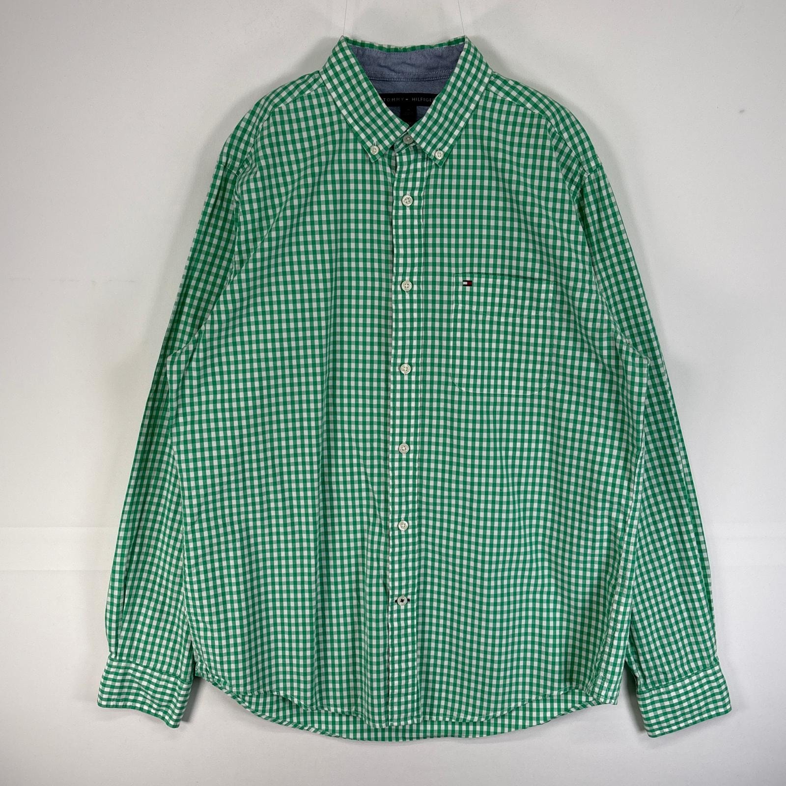 古着 トミーヒルフィガー TOMMY HILFIGER 長袖シャツ ギンガム ロゴ 刺繍 ボタンダウン 胸ポケ M グリーン チェック メンズ