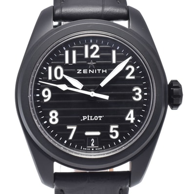 ゼニス ZENITH 49.4000.3620/21.I001 パイロット ウォッチ デイト ブラック 自動巻き メンズ 美品 箱・保証書付き 腕時計 O#148973