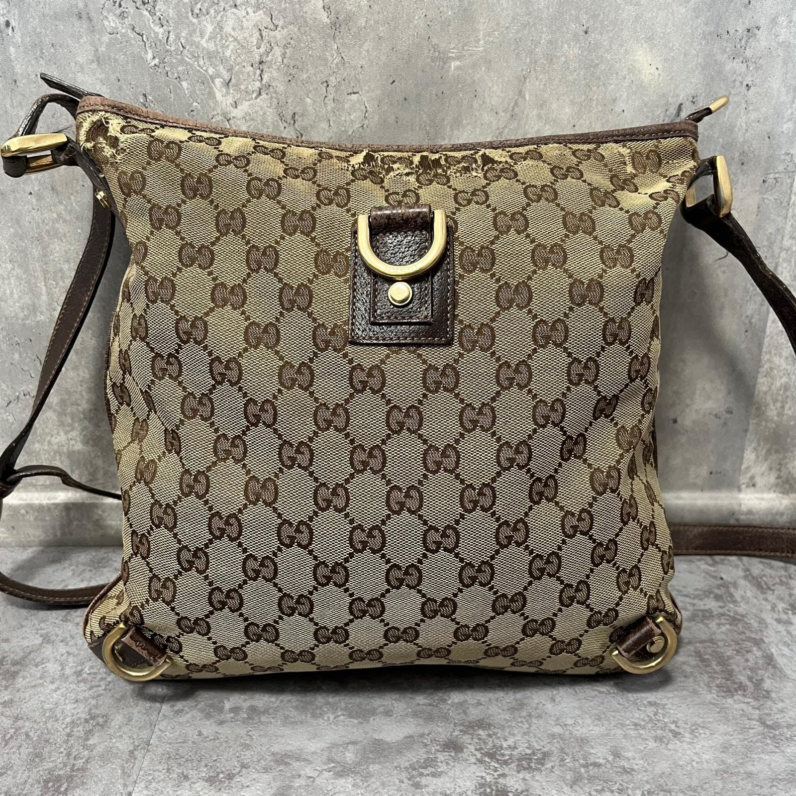 【GUCCI】グッチ ショルダーバッグ GG柄 キャンバス ベージュ ブラウン レザー リング金具 斜め掛け クロスボディ ヴィンテージ レディース